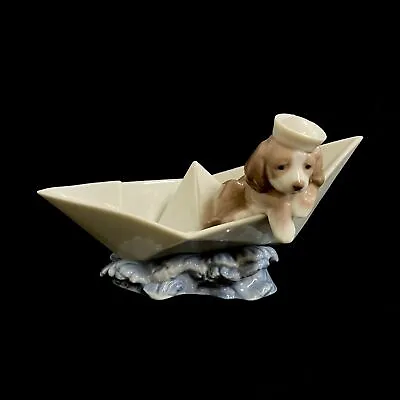 Lladro Little Stow Away Dog Sailor Hat Puppy In Paper Boat #6642 Figurine  • $125