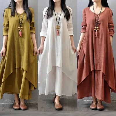 $20.34 • Buy Womens Casual Kaftan Tunic Gypsy Maxi Dress Boho Cotton Linen Long Sleeve Dress