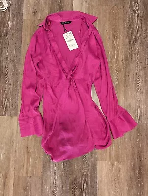 Nwt Zara Pink Short Satin Effect Collared V Neck Long Sleeve Dress Size M • $34.99