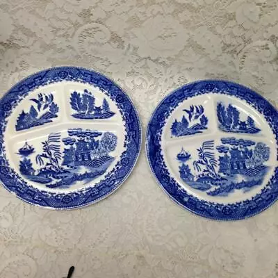 Vintage  Rare Moriyama Occupied Japan Blue Willow 2pc Grill Plates 10in D • $79.95