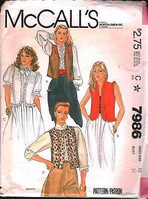 7986 Vintage McCalls SEWING Pattern Misses 1980s Unlined Vest Waistcoat 12 OOP • $5.59