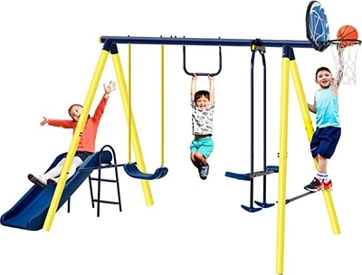 $299.99 • Buy Kids Playground Metal Swing Set With Slide Outdoor Backyard Playset Ball Hoop