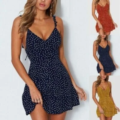 £8.99 • Buy Womens Mini Polka Dot Sleeveless Dress V Neck Lady Summer Beach Strappy Sundress