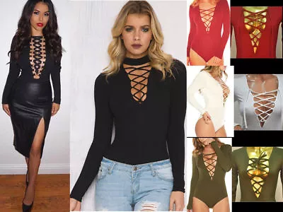 £5.99 • Buy Women Front V Plunge Top Ladies Lace Up Tie Bodysuit Choker Top Padded Leotard