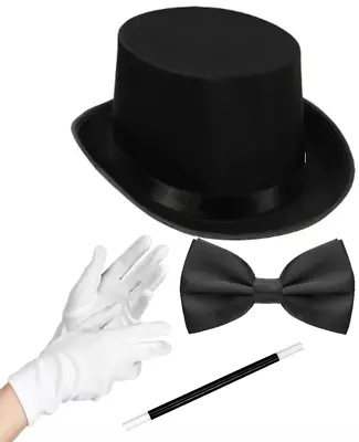 Black Top Hat + Bow Tie + Magician Wand + White Gloves Magician Fancy Dress • £14.99