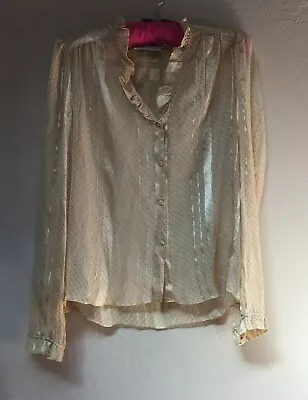 Vintage Adrianna Papell Top Womens Sz 10 Button Down Ruffle Neck Silk Shirt Tan • $59.15