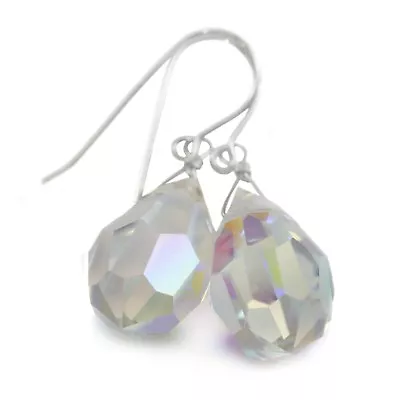 Clear Crystal Earrings Fat Briolettes Mystic Rainbow Teardrops 14k Gold Sterling • $39