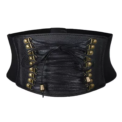 Women's Vintage Black Leather Waist Belt  Waspie Elastic Lace Up Corset • £9.66