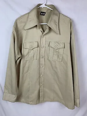 Vintage Sears Work Shirt Polyester Khaki Long Sleeve Beige Button 80s Men’s XL • $27.99