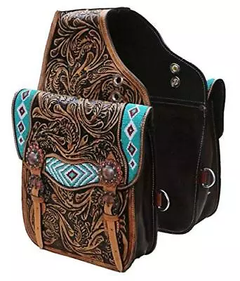 Showman Tooled Leather Saddle Bag W/ Turquoise Red & White Beaded Inlay • $102.95