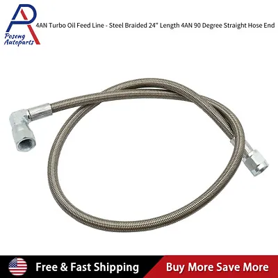 4AN Turbo Oil Feed Line 24  Steel Braided  4AN 90 Degree Straight Hose End PTFE • $10.79