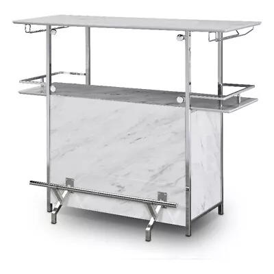 Bowery Hill Faux Marble Wood Multi-Storage Bar Table In White • $371.26