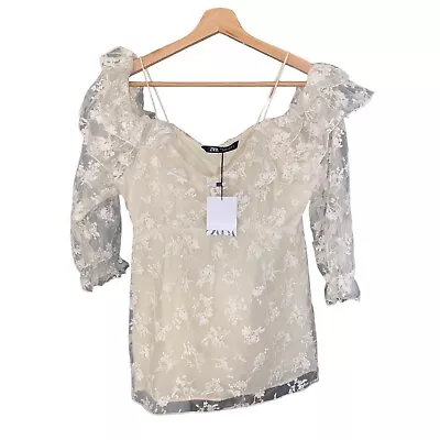 NWT Zara Cream Vanilla Embroidered Ruffle Floral Off Shoulder Blouse Womens M • $24.99