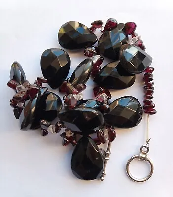 £24.99 • Buy Beautiful Heavy 84g Garnet Rock Crystal & Onyx Necklace With Silver Tested Clasp