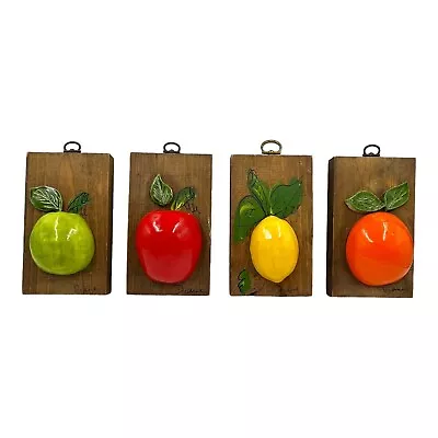 Vintage Set Of Retro Mcm Midcentury Ceramic 3-d Fruit Plaques On Wood Handmade • $16.99