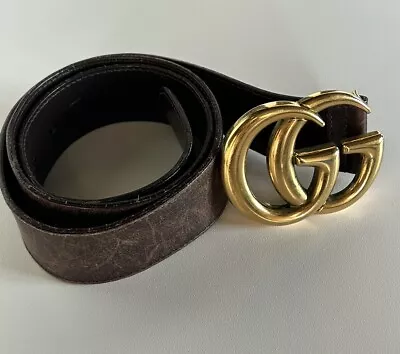 Gucci Logo Brown Distressed Leather Vintage Belt With Gold Plated GG'S • $43