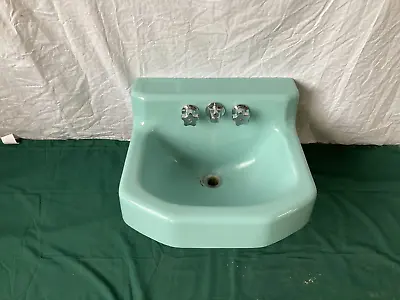 Vtg Mid Century Cast Iron Spruce Green Porcelain Bath Wall Sink Kohler 24-24E • $395