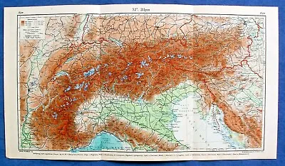 Antique 1931 ALPE Europe Geographic Map Original Book Lithograph Plate 25x45 Cm • $5