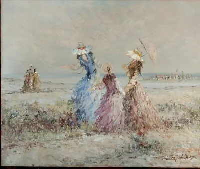 Spatula French Style Seaside Beach Vtg Oil Painting Canvas Signed Marie Charlot • $165