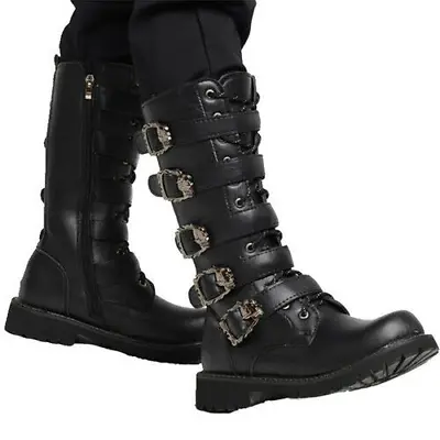 Mens Gothic Belt Punk Boot Leather Motorcycle Boots Calf Military Outdoor Boots • $60.61