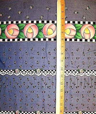 Choose 1 : Mary Engelbreit Pink Roses On Blue Cotton Fabric Border Strip 1/2 Yd • $5