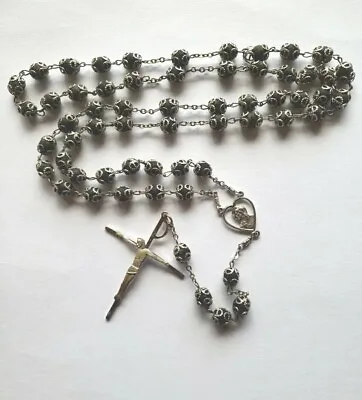 Vtg Sterling Silver Blk Lava Rock Rosary Beads All Capped Jesus Medal Crucifix  • $40