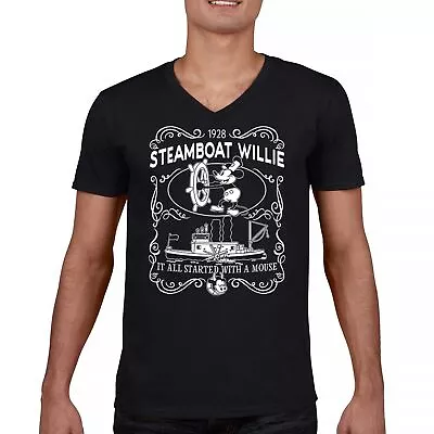 Steamboat Willie 1928 Classic V-Neck T-shirt Vintage Retro Cartoon Mouse Tee • $16.24