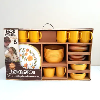 Vintage Lexington 53 PC Melamine Dinnerware Set Yellow Floral Plates Cups Bowls • $99.95