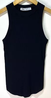 ZARA Black Ribbed Knit Tank Top Round Neck Elongated Half Moon Hem Size Large • $7.99