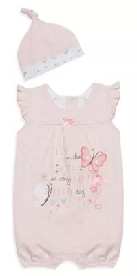 Primark Baby Girls Pink And White 2 Piece Romper With Matching Hat New  • £3