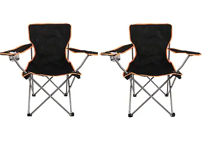 2 X Black Folding Captains Chair's & Cup Holder Pair Camping Fishing Beach Seats • £28.99