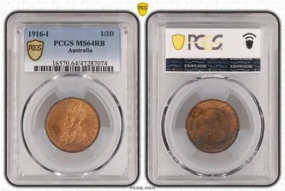 1916 I  Halfpenny Australia Half Penny  Graded Choice Uncirculated PCGS MS64RB • $1195