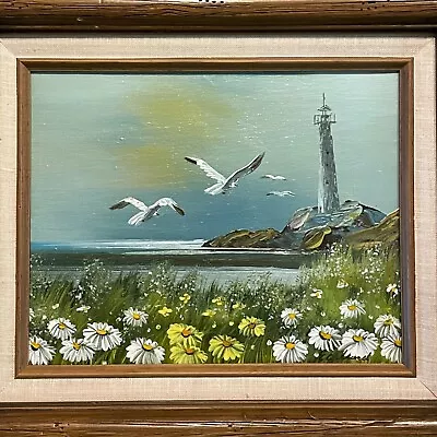 Vintage Signed Painting Ocean Lighthouse Shorebirds Field Of Daisies • $59.95