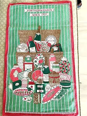 Vintage FORTNUM & MASON Christmas Tea Towel Champagne Red Green Cotton 17”X29” • $25