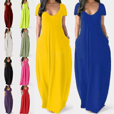 £14.29 • Buy Plus Size Womens Short Sleeve V Neck Maxi Dress Ladies Casual Solid Pocket Dress