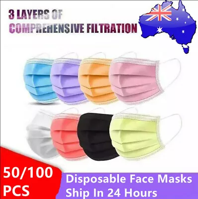 50/100x Face Mask Disposable Black Surgical Mouth Masks Certified 3layer ⚘ • $22.99