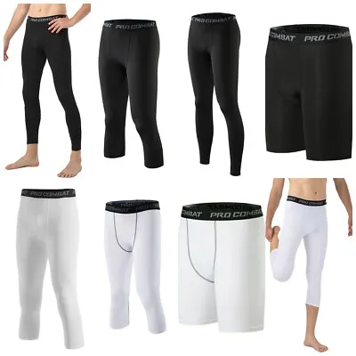 Mens Compression Pants Running Workout Tights Base Layer 3/4 Yoga Tights Capris • £10.67