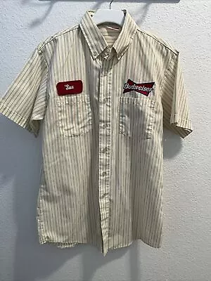 Vtg Budweiser Short Sleeve Work Shirt Embroidered White Red Stripes Size M • $34.49