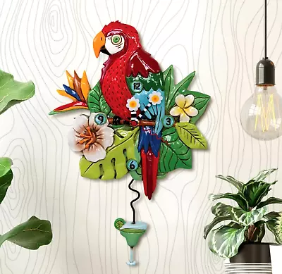 ✿ New ALLEN DESIGNS WALL CLOCK Swing Pendulum AMAZON PARROT Cocktail Margarita • $74