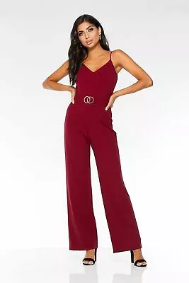 Quiz Berry V Neck Gold Buckle Palazzo Jumpsuit Size 8 • £22.99