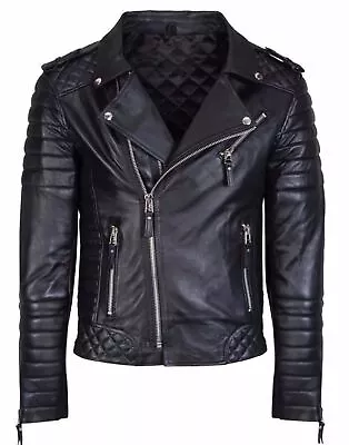 New Leather Jacket Mens Biker Motorcycle Real Leather Coat Slim Fit Black #1207 • $118