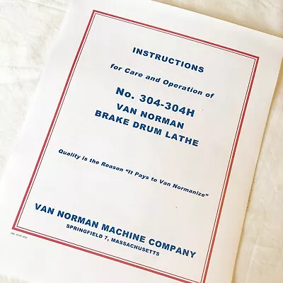 Van Norman 304 304H Operating Maintenance & Parts Manual For Drum Brake Lathes • $12.99