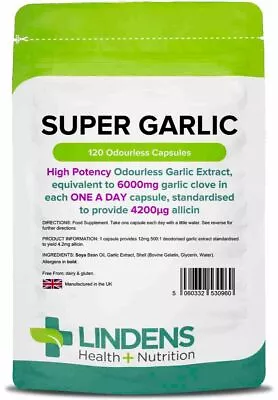 **SUPER Strength GARLIC 6000mg Capsules (120) Odourless Lindens • £7.99