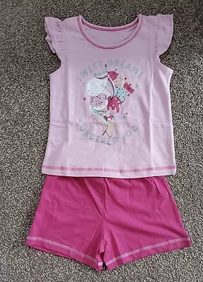 Girls Unicorn Pyjamas Short Set Nightwear Sleepwear Pink Age 4 To 5 Years • £5.99