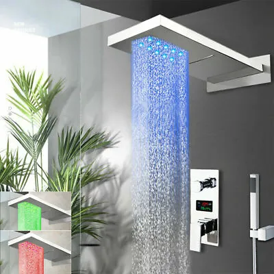 Rain LED Shower Faucet Set Mixer Digital Valve Chrome Rectangle Top Head Tub Tap • $195