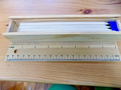 £2.99 • Buy NEW Wooden Pencil Box With Coloured Pencils & Sharpener Slide In Lid Is A Ruler