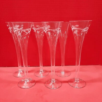 $49.95 • Buy 6 Champagne Flutes = 5 Vintage  Hollow Stem Etched 10''/1 Not Etched