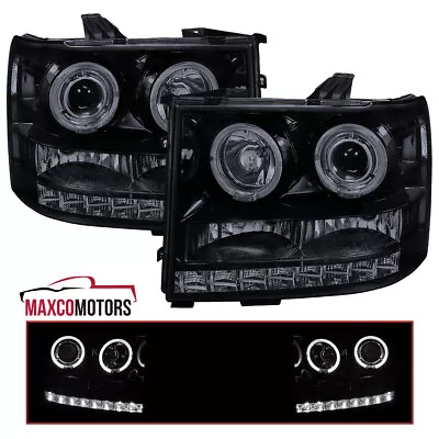 Smoke Projector Headlights Fits 2007-2013 GMC Sierra 1500 2500HD 3500HD LED Halo • $142.64