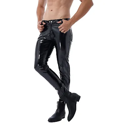 Men's Wet Look Leather Tight Pants Leggings Zipper Front Long Trousers Clubwear • $24.28