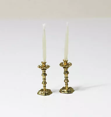 Dollhouse Miniature Pair Of Elegant Candle Sticks In Gold Metal With Real Wax Ca • $7.99